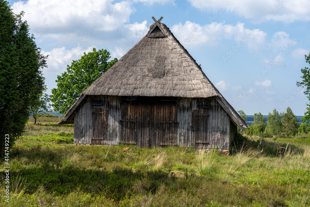 Fototapeta premium Characteristic stable for German moorland sheep with a straw roof in the natural preserve Lueneburger Heide