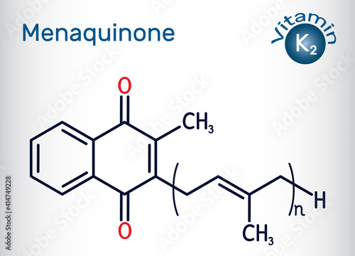 Vitamin K2, menaquinone molecule. Menatetrenone, MK-4, MK-5, menachinon-7, MK-7, MK-9. Skeletal chemical formula