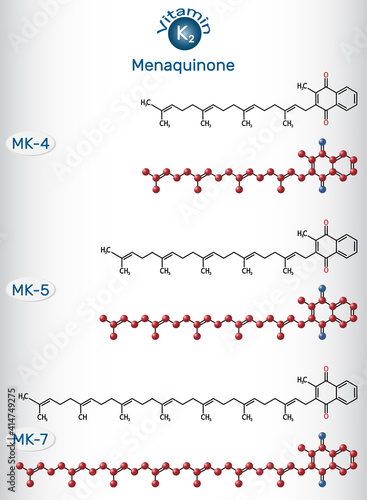 Vitamin K2, menaquinone molecule. Menatetrenone, menachinon-4, MK-4, menachinon-5, MK-5, menachinon-7, MK-7