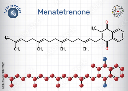 Menatetrenone, menachinon-4, MK-4 molecule. It is vitamin K2, menaquinone. Structural chemical formula and molecule model. Sheet of paper in a cage