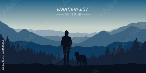wanderlust girl and dog in forest nature landscape vector illustration EPS10