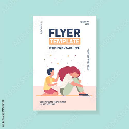 Boy trying to help sad woman. Grief, kid, night flat vector illustration. Depression and melancholy concept for banner, website design or landing web page