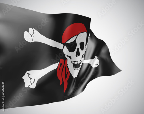 3d vector mesh flag of a pirate skull on a black background with waves in the wind.