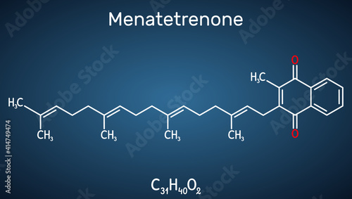 Menatetrenone, menachinon-4, MK-4 molecule. It is vitamin K2, menaquinone. Structural chemical formula on the dark blue background