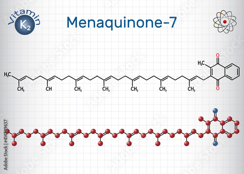 Menachinon-7, MK-7 molecule. It is vitamin K2, menaquinone. Structural chemical formula and molecule model. Sheet of paper in a cage. Vector illustration
