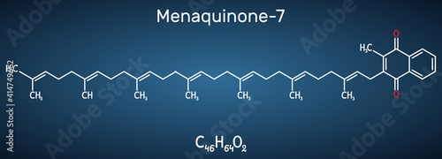 Menachinon-7, MK-7 molecule. It is vitamin K2, menaquinone. Structural chemical formula on the dark blue background