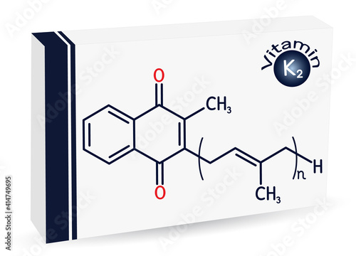 Vitamin K2, menaquinone molecule. Menatetrenone, menachinon-4, MK-4, menachinon-5, MK-5, menachinon-7, MK-7. Paper packaging