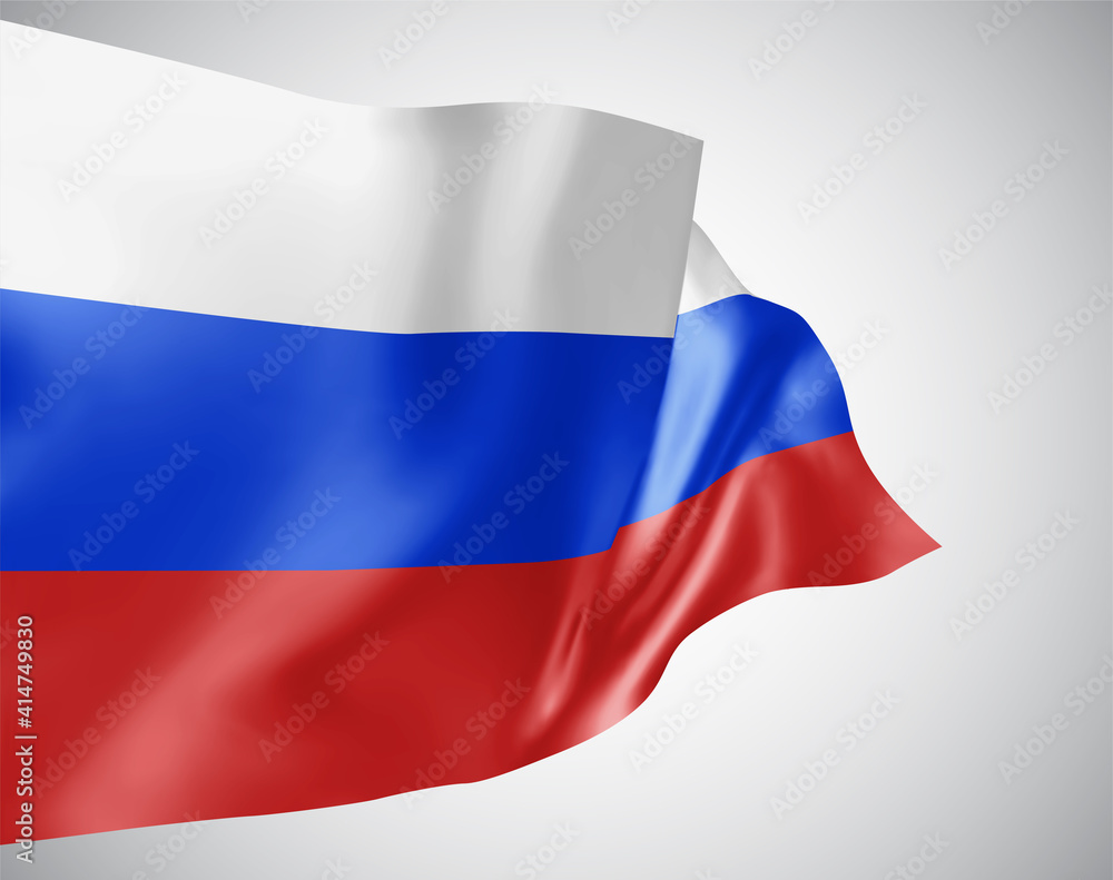 Russia, vector flag with waves and bends waving in the wind on a white background. Russia, vector flag with waves and bends waving in the wind on a white background.