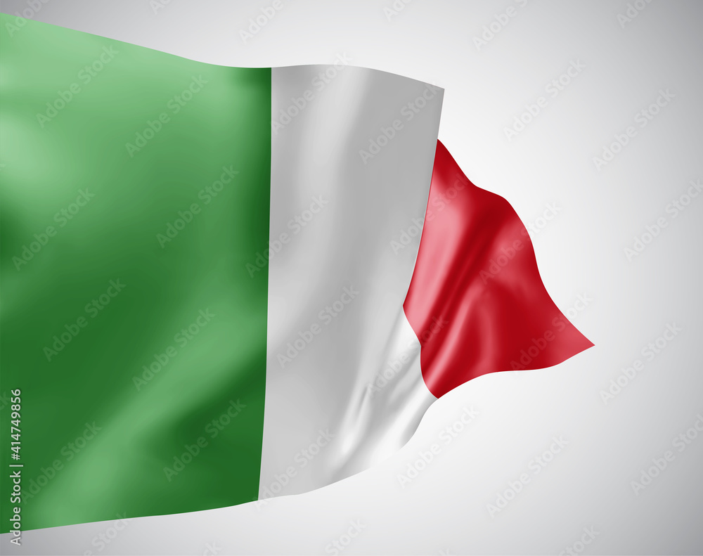 Italy, vector flag with waves and bends waving in the wind on a white background. Italy, vector flag with waves and bends waving in the wind on a white background.