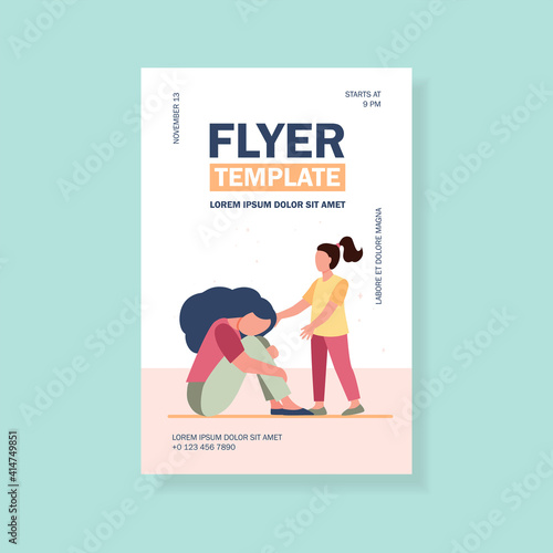 Girl trying to help sad woman. Sadness, child, grief flat vector illustration. Depression and melancholy concept for banner, website design or landing web page