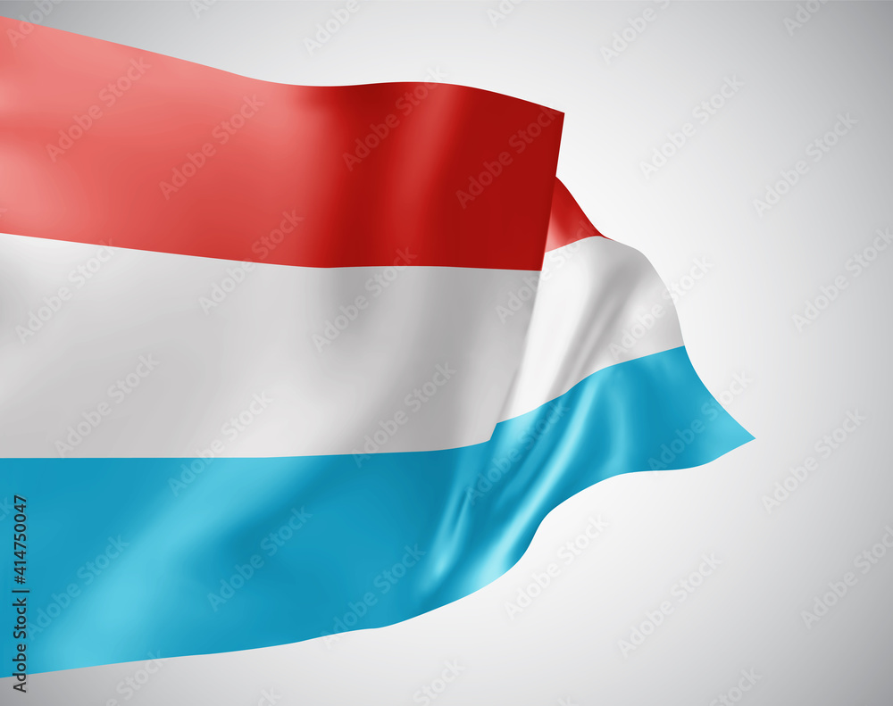 Fototapeta premium Luxembourg, vector flag with waves and bends waving in the wind on a white background.