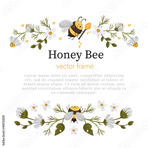 Honey bee border frame. Vector illustration. Horizontal divider frame card with daisy flower. Sweet summer nature elements.