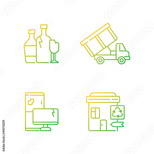 Garbage management gradient linear vector icons set. Glass recycling. Roll-off truck. E-waste. Recycling center. Thin line contour symbols bundle. Isolated vector outline illustrations collection