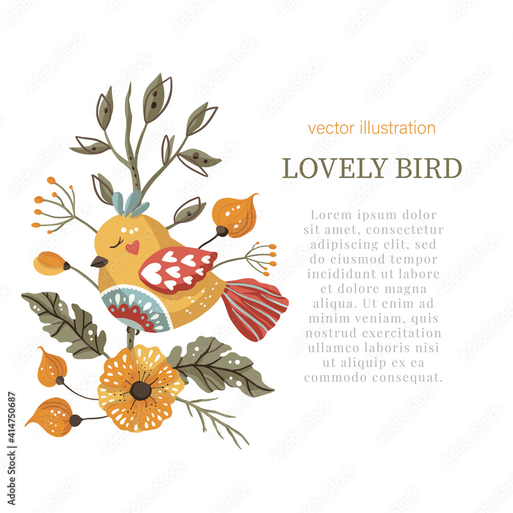 Fototapeta premium Cartoon scandinavian bird illustration. Animal vector folk art card. Ethnic ornate design decorative floral cute print.