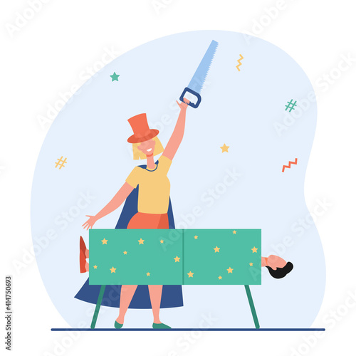 Female illusionist sawing up man. Saw, box, magician flat vector illustration. Magic and entertainment concept for banner, website design or landing web page