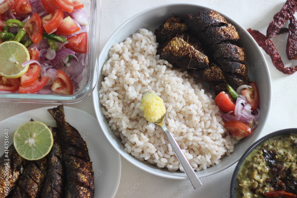 Sardis Rice Kerala meals with red rice, sardines curry, sardine fry and coconut ...