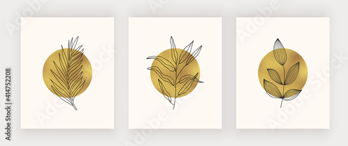 Boho wall art prints with circle gold foil shapes and black leaves. 