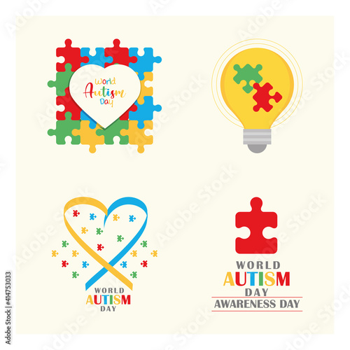 set world autism awareness day, bulb heart ribbon and puzzles icon