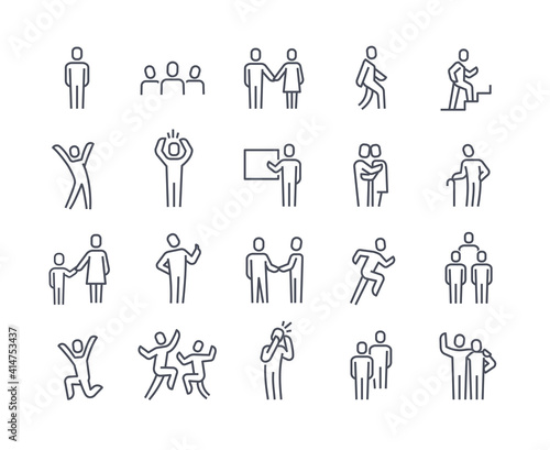 Human silhouettes icon set. Person walking, running, jumping. People shaking hands, climbing stairs, elderly, company leader, friends hugs, mother and child. Flat outline human signs isolated on white