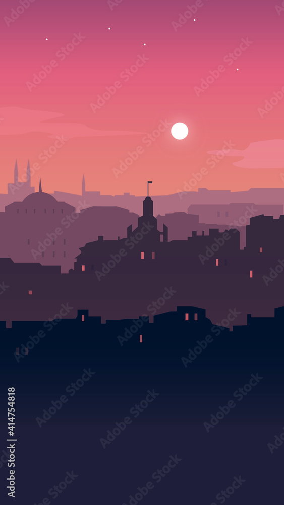 Vector illustration. Flat landscape. Romantic sunset, sundown in the city. Cartoon wallpaper.
