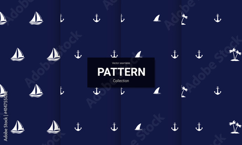 Set of  blue nautical seamless patterns on white background. Vector seamless texture