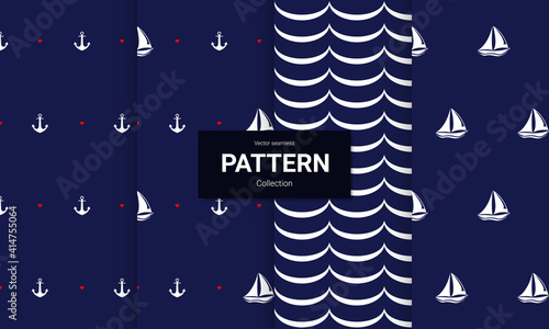 Set of  dark blue seamless patterns. Vector seamless nautical textures