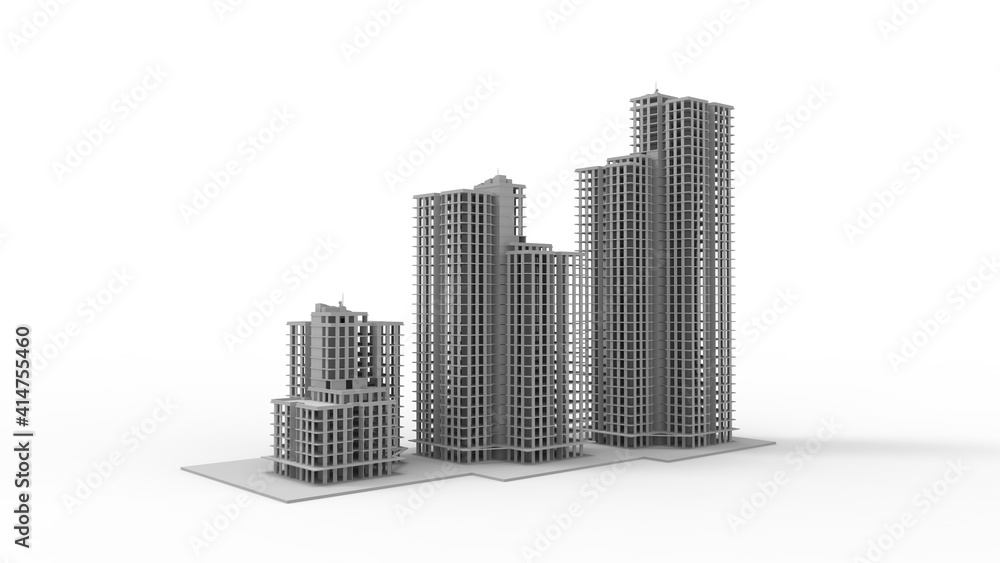 3D rendering of a 3 high rising buildings isolated on white background