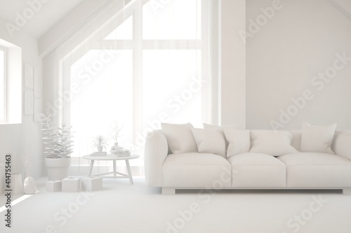 White minimalist living room with sofa. Scandinavian interior design. 3D illustration
