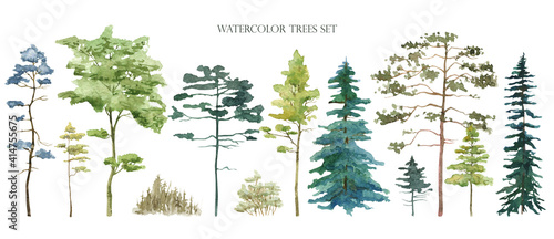 Watercolor tree set. Green pine, blue spruce, lush ash, beige bush