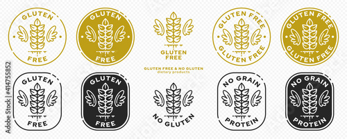 Set of conceptual stamps for packaging products. Labeled - Gluten Free, Grain Protein Free. Round stamp with a flat spikelet icon and wings - a symbol of liberation, freedom. Vector grouped elements.