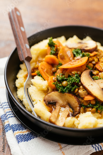 Lentil Stew with kale, carrots and mushrooms on mashed potatoes.