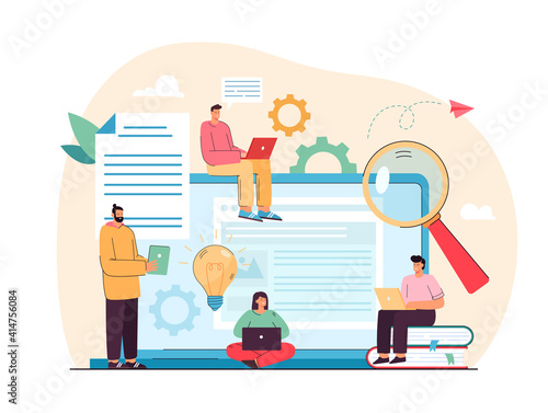 Tiny content writers creating web articles flat vector illustration. Cartoon creative SEO or blog authors writing text on laptop computers. Freelance, marketing and creation concept