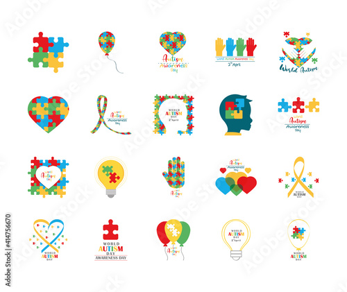 set autism awareness day, puzzles head child heart hand balloon ribbon and bulb icon photo