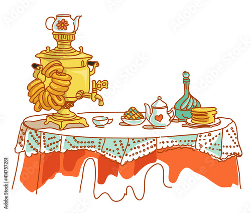 The tea party. Image of a samovar on a lace tablecloth.