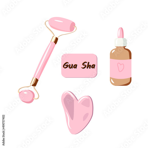 Set of Gua Sha massage tools: scraper, face oil, double sided massage roller. Home beauty salon. Vector flat cartoon illustration isolated on white background. 