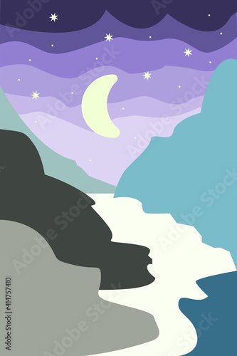  Abstract Landscape scene. Minimalist bright boho style mountains, river at night for print, invitation card, travel agency banners, postcards and other designs. Vector cartoon illustration
