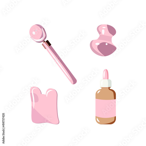 Collection of beauty devices. Beauty salon at home. Gua sha, face oil, massage roller. Skin care products for SPA, beauty concept. Vector illustration
