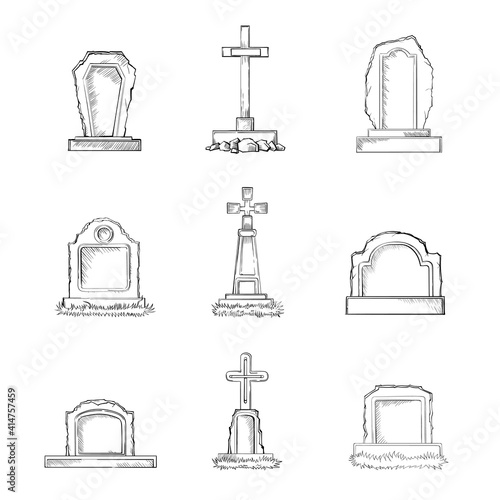 Vector set of sketch Cemetery stone tombstones