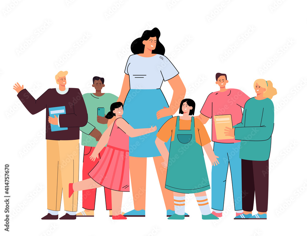Happy school teacher standing with pupils flat vector illustration. Cartoon group of joyful kids standing in kindergarten and surrounding their teacher. Pedagogy and education concept Happy school teacher standing with pupils flat vector illustration. Cartoon group of joyful kids standing in kindergarten and surrounding their teacher. Pedagogy and education concept