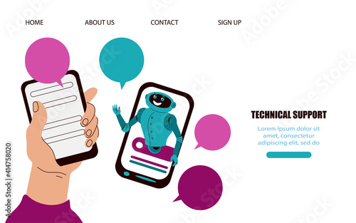 Website banner template for online technical support service chat, cartoon vector illustration. Landing page with chatbot  hotline operator advises clients via mobile application. 