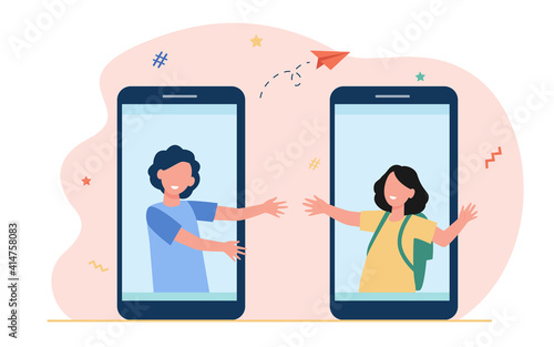 Happy kids talking from giant smartphone screens. Phone, friend, online flat vector illustration. Communication and friendship concept for banner, website design or landing web page