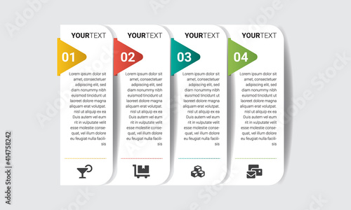 Business infographics template. Timeline with 4 steps, label, and marketing icons. Vector illustration.