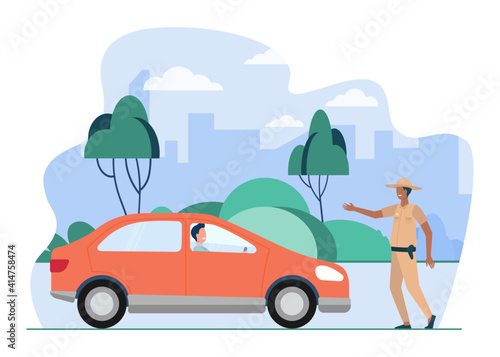 Police officer stopping automobile on road. Car, diver, rule flat vector illustration. Traffic and violation concept for banner, website design or landing web page