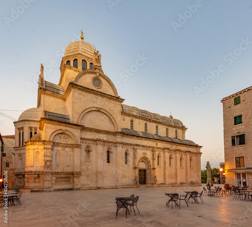 Sunrise view of the Saint James cathedral in Sibenik, Croatia photo