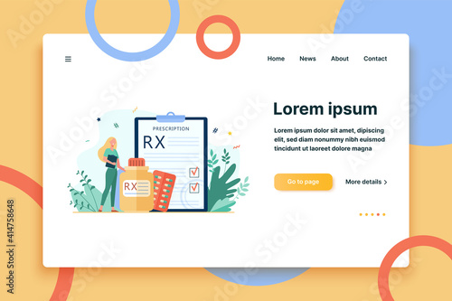 Tiny pharmacist standing near RX prescription flat vector illustration. Cartoon pharmaceutical specialist recommending painkillers to patient. Pharmacy and drugs concept