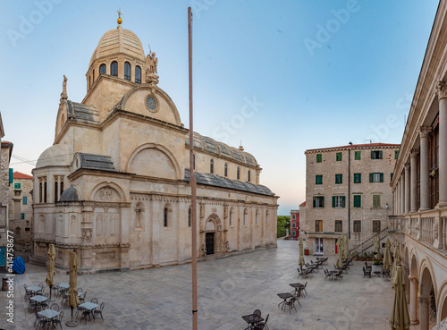 Sunrise view of the Saint James cathedral in Sibenik, Croatia photo