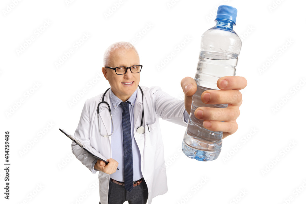 Mature doctor holding a bottle of water Mature doctor holding a bottle of water