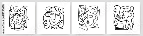 Contemporary abstract faces in one line art style on colorful shapes.