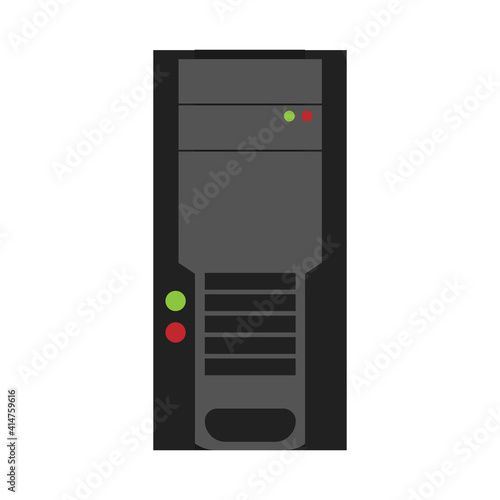 Computer case technology desktop hardware illustration vector. Modern PC computer case server tower system icon equipment box. Digital workstation tower server storage datacenter. Tall cpu host