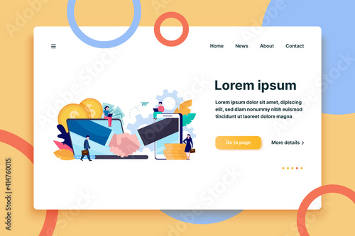 Tiny business people dealing online isolated flat vector illustration. Partners, sponsors and investors investing money in startup. Handshake, partnership and teamwork concept